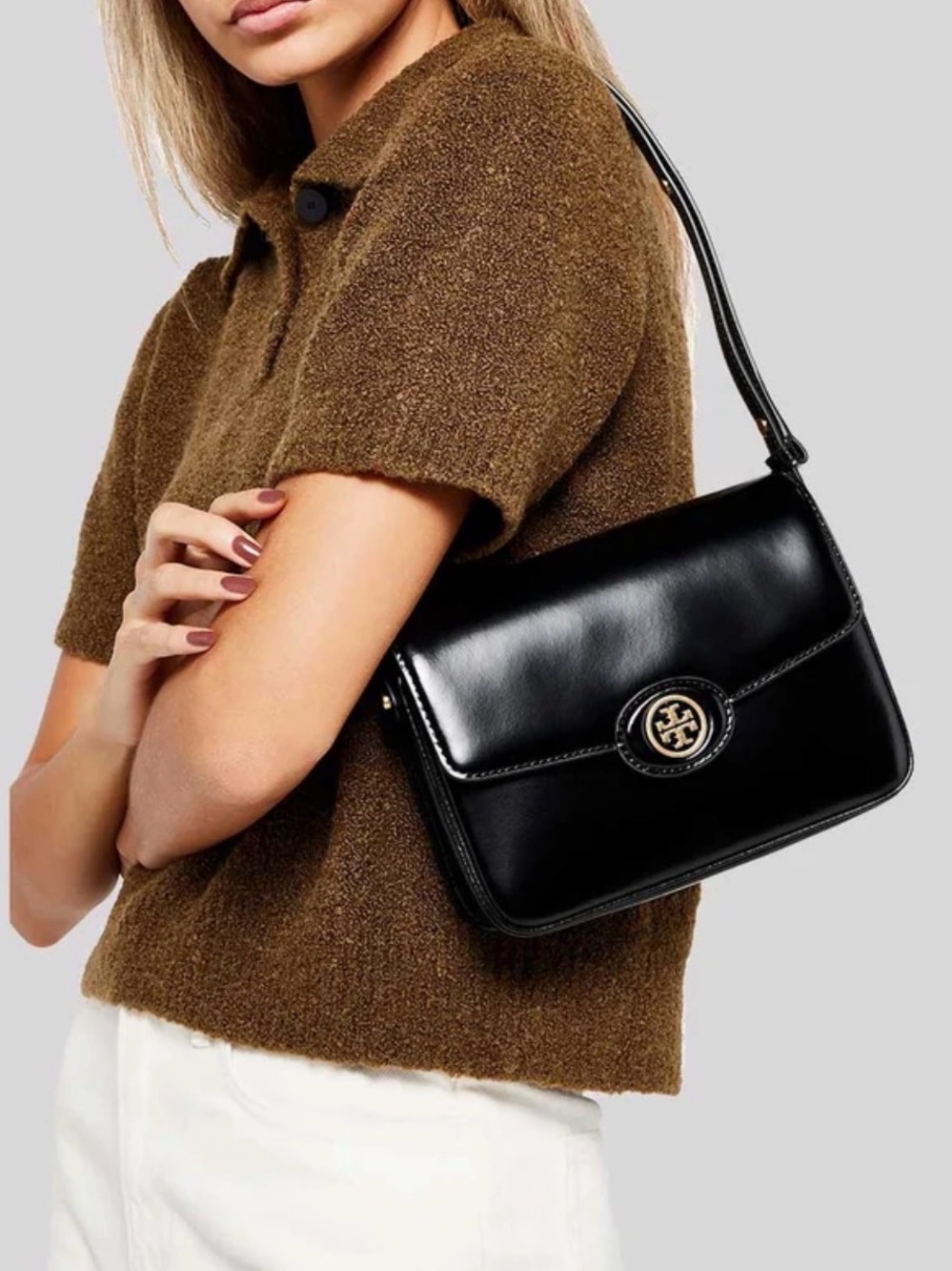 Tory Burch Black Leather ROBINSON SPAZZOLATO SHOULDER BAG ( NWT)